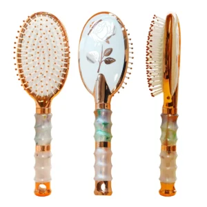 Rose Gold Paddle Hair Brush Flower Print Massage Scalp Detangler Nylon Comb-Teeth Colorful Handle