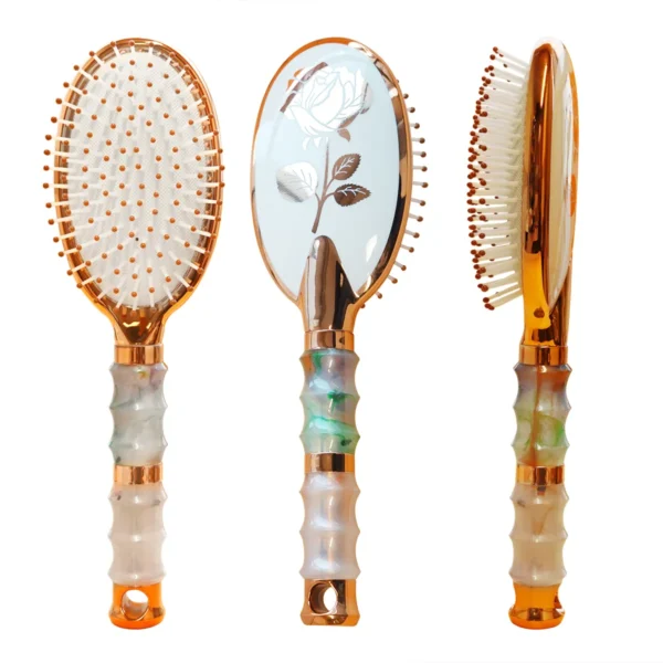 Rose Gold Paddle Hair Brush Flower Print Massage Scalp Detangler Nylon Comb-Teeth Colorful Handle