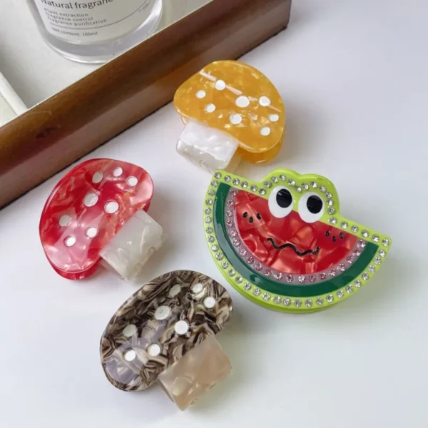 Diamond-Decorated Mushroom & Watermelon Cute Acetate Hair Claw
