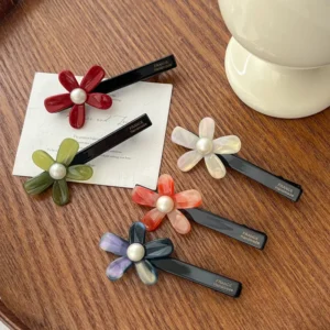 Charming Long Duckbill Acetate Hair Clips with Floral Pearl Accent
