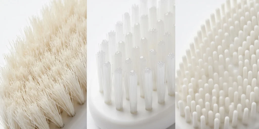Three baby brush bristle types including natural goat hair soft nylon and silicone showing texture and softness differences