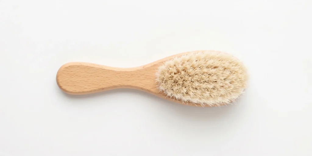 Soft natural bristle baby brush positioned for gentle scalp care and cradle cap management in newborns