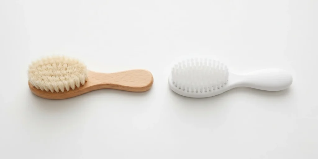 Selection of baby hair brushes including soft natural bristle and silicone options for newborns and toddlers