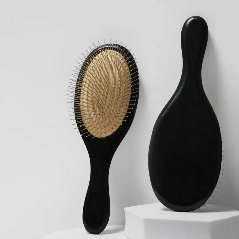 Customizable Black Lacquer Solid Wood Paddle Brush with Steel Pin Bristles