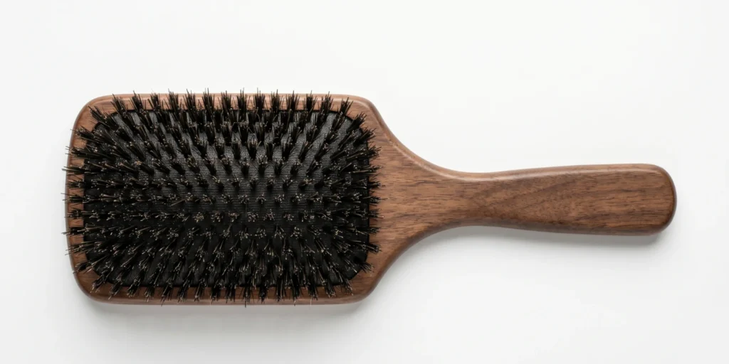 Boar bristle paddle brush shown with hair shaft diagram illustrating cuticle smoothing and sebum redistribution mechanism