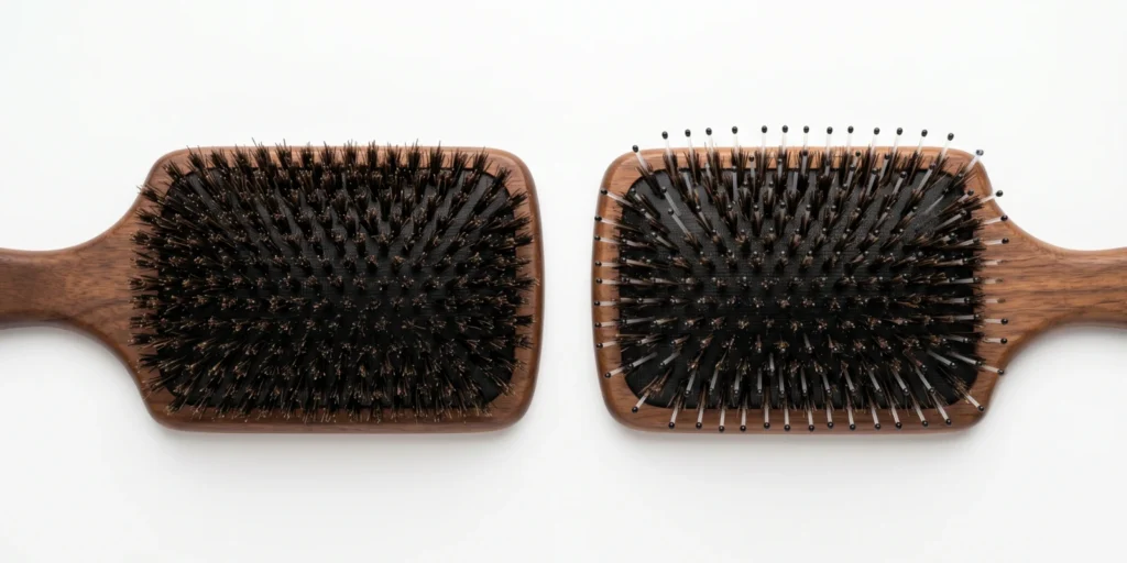 Side by side comparison of pure boar bristle brush and mixed boar nylon bristle brush showing bristle structure differences