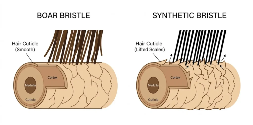 Diagram comparing boar bristle and synthetic bristle contact with hair cuticle showing friction and static differences