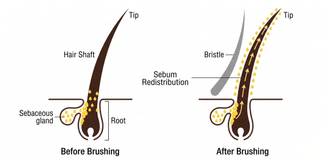Technical diagram showing how boar bristle redistributes scalp sebum along the hair shaft to smooth the cuticle and reduce frizz