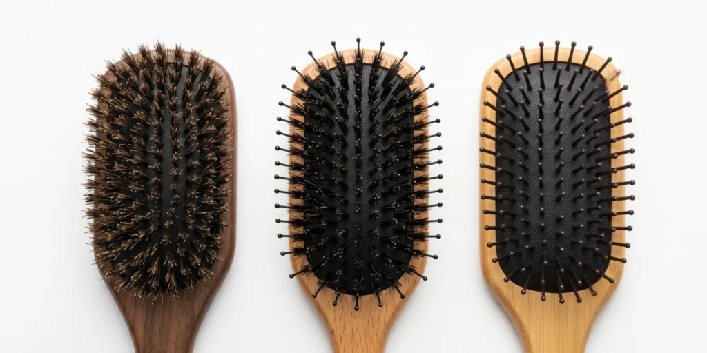 Three hair brushes including pure boar bristle mixed bristle and nylon detangling brush arranged for hair type comparison