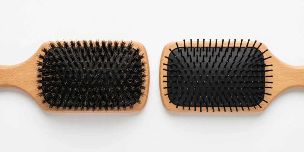 Side by side comparison of boar bristle brush and synthetic nylon brush showing bristle structure and texture differences