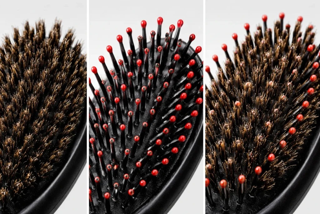 Comparison of boar bristle, nylon, and mixed bristle hair brushes showing texture and pin structure differences