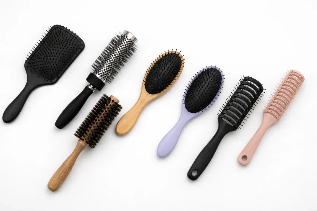 Hair brush factory sourcing guide showing various brush types laid out on a neutral surface for B2B buyers