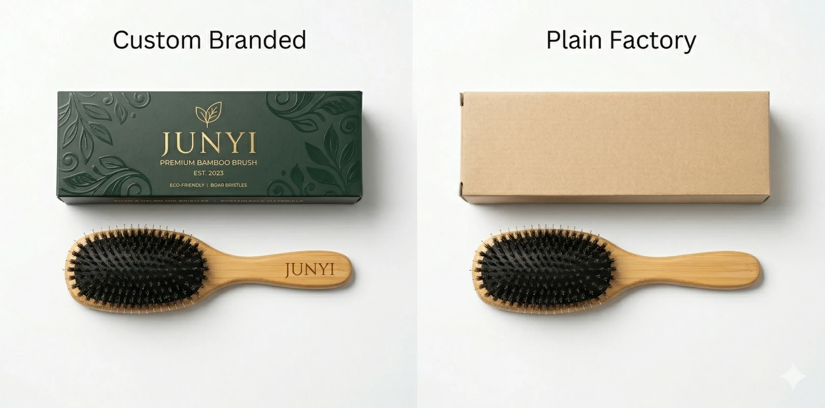 Custom branded hair brush in its own box beside a plain factory version of a similar brush