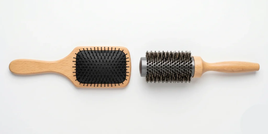 Paddle brush and round brush placed side by side on a white surface showing structural differences in head shape and size