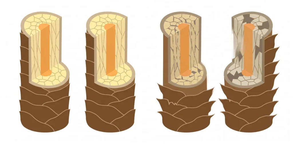 Comparison of smooth hair cuticle versus lifted frizzy cuticle showing how brushing disrupts the hair shaft surface