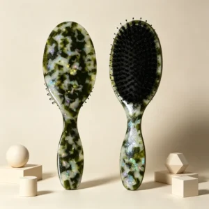 Iridescent Green Marbled Acetate Paddle Hair Brush with Dual Bristles, 220x75mm
