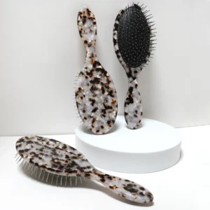 White Tortoiseshell Marbled Acetate Paddle Hair Brush with Metal Bristles
