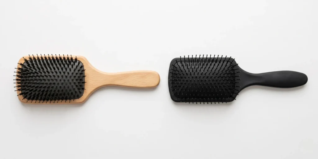 Soft boar bristle paddle brush and flexible detangling brush recommended for fine and thin hair care