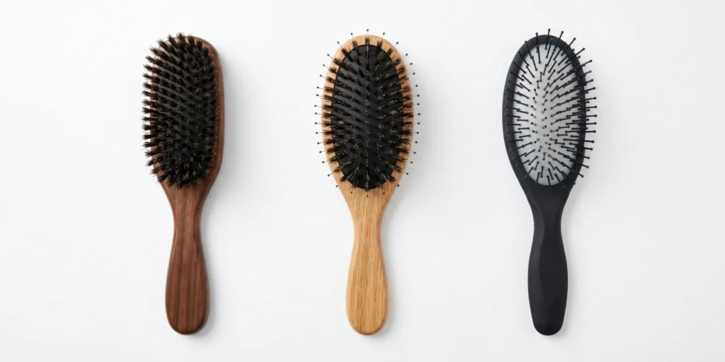 Selection of custom hair brush samples in different bristle specifications showing boar bristle mixed bristle and nylon options for OEM orders