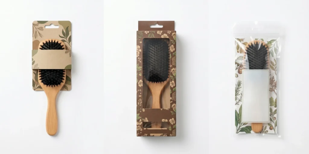 Custom hair brush retail packaging options including header card window box and polybag formats on a white background