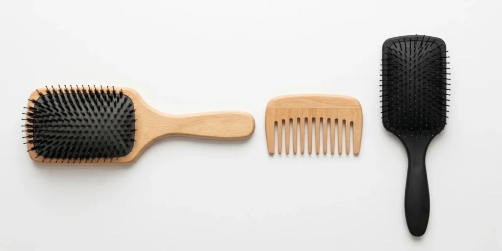 Three recommended tools for fine hair including boar bristle brush flexible detangling brush and wide-tooth comb