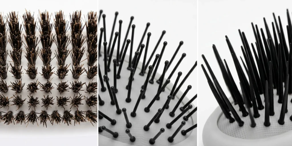 Close-up comparison of boar bristle nylon pin and flexible nylon detangling brush bristle types for hair type selection guide