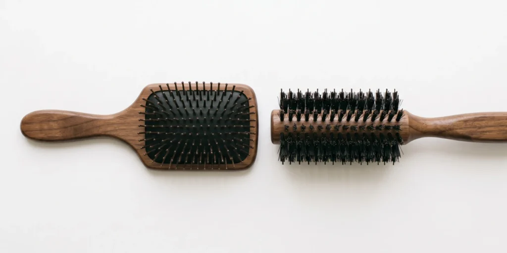 Selection of hair brushes including paddle brush and round brush showing smoothing and styling functions