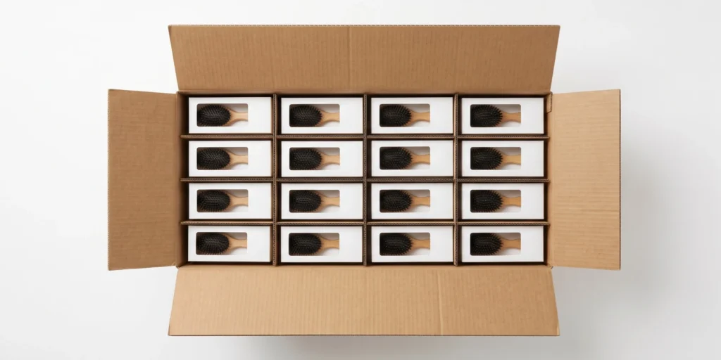 Hair brush inner carton and master carton packaging configuration showing retail and shipping unit arrangement for OEM orders