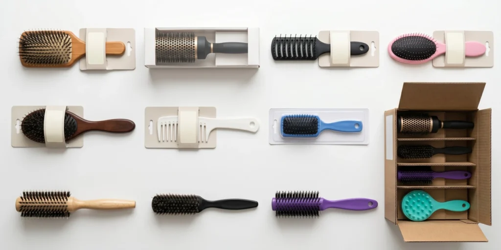 Hair brush retail packaging and inner carton arrangement showing packaging specification requirements for custom hair brush orders