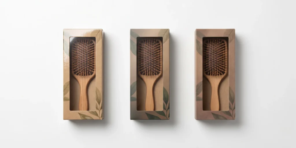 Hair brush paperboard packaging samples showing gloss matte and soft-touch finish options for retail presentation