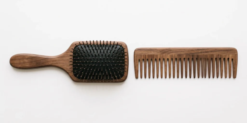 Hair brush and hair comb placed side by side showing structural differences between the two tools