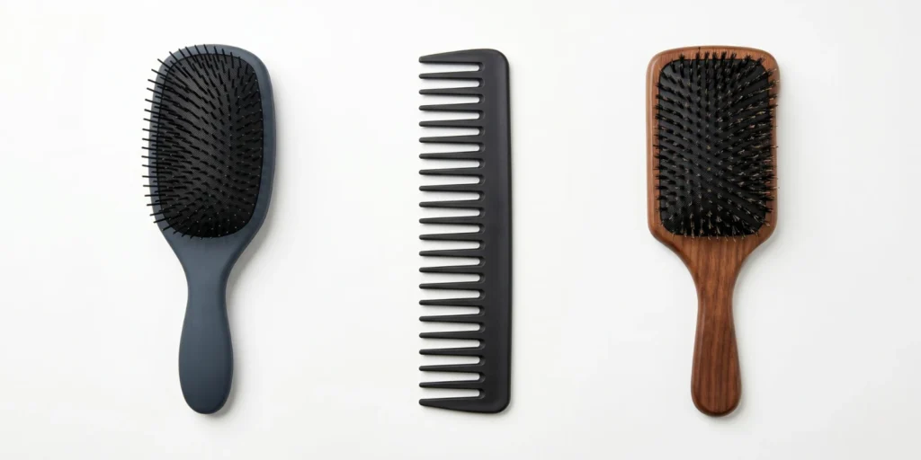 Hair brush and wide-tooth comb shown together representing wet and dry stage hair care routine tools