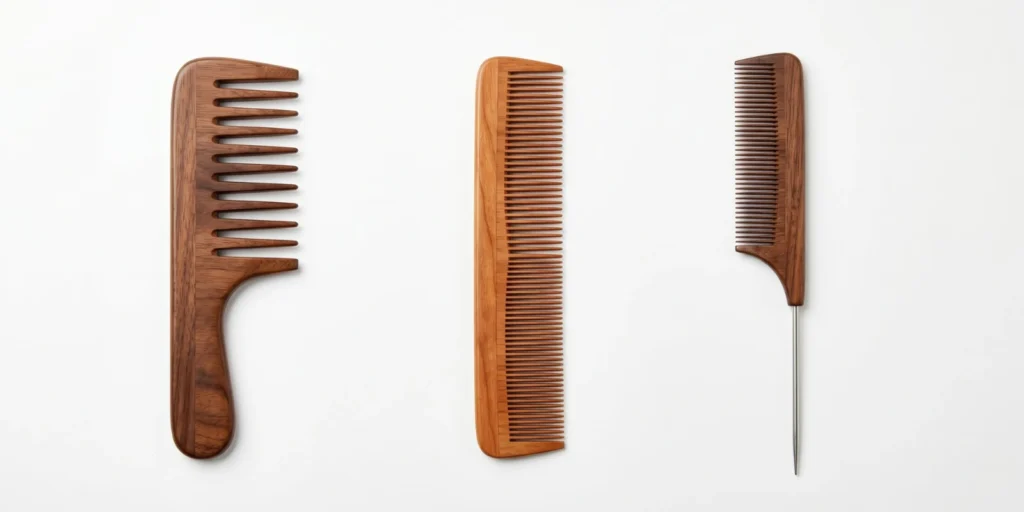 Three hair comb types including wide-tooth comb fine-tooth comb and rat-tail comb showing different functions and tooth spacing