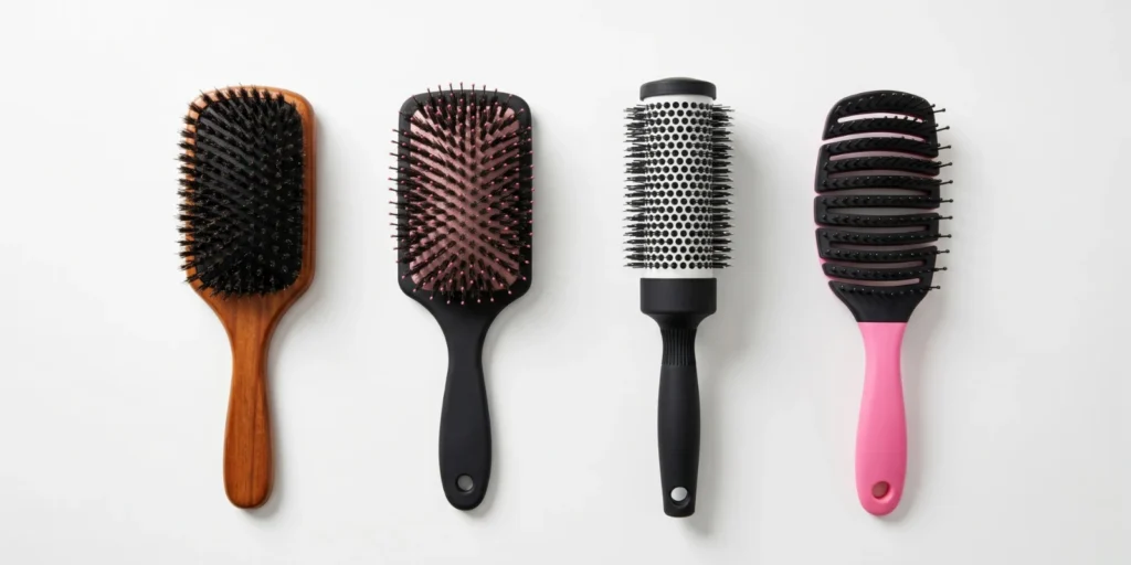 Selection of different hair brush types including paddle brush round brush and detangling brush arranged for hair type comparison guide