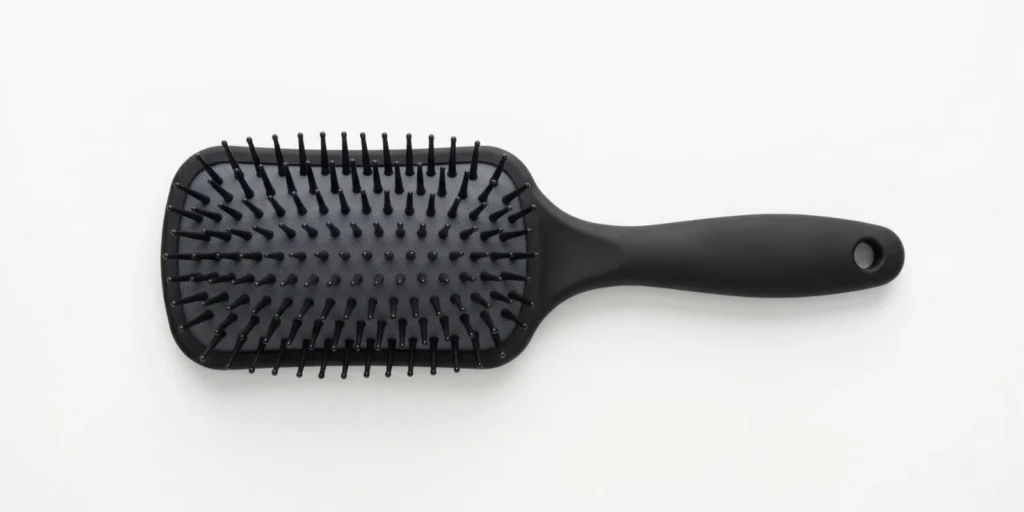 Flexible nylon detangling brush shown with wet hair strands illustrating safe wet hair detangling technique