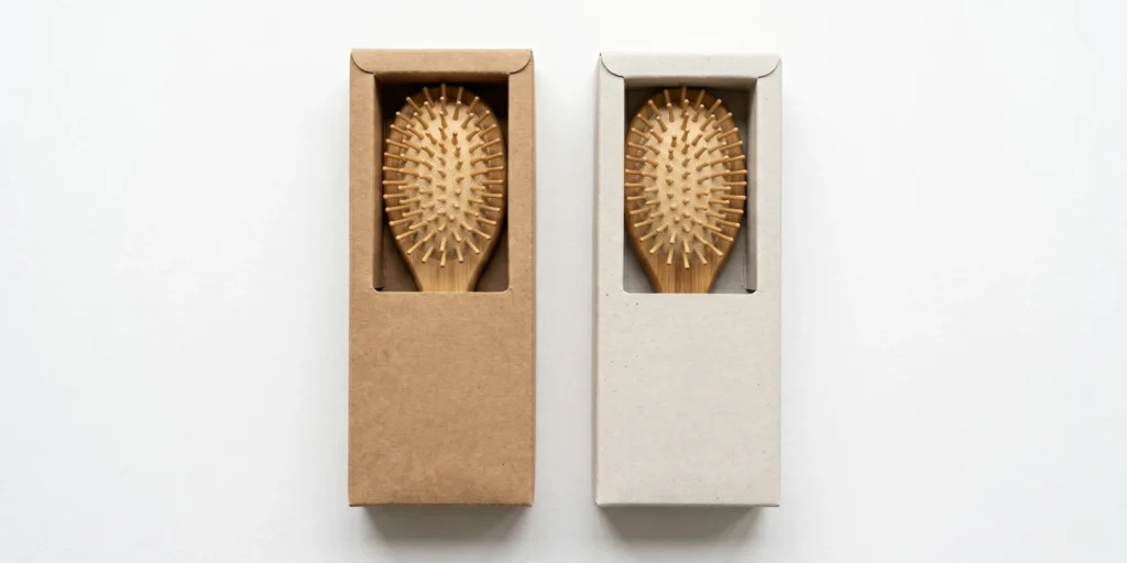 Sustainable hair brush packaging options including FSC certified paperboard and kraft paper formats for eco-conscious brands