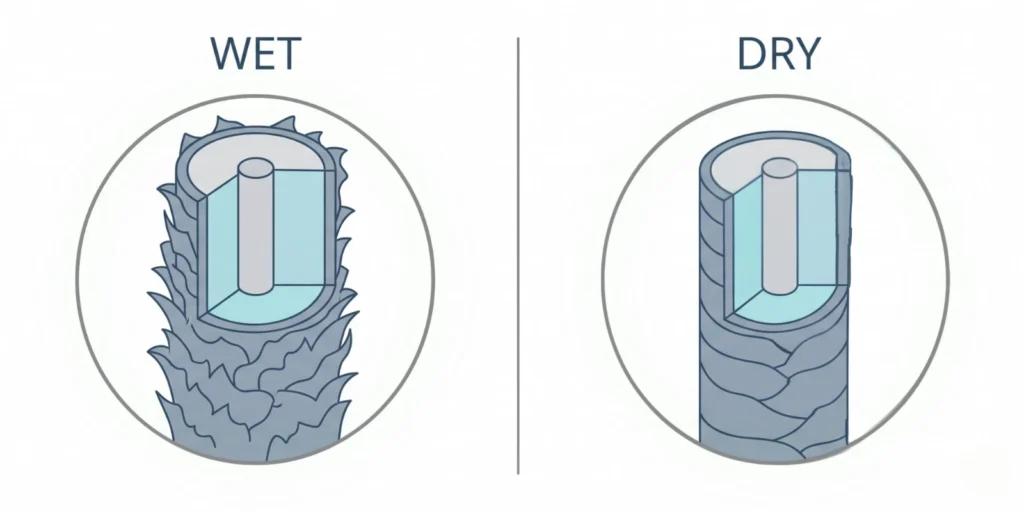 Technical diagram showing wet hair shaft with swollen cuticle scales compared to dry hair shaft with flat cuticle for breakage guide