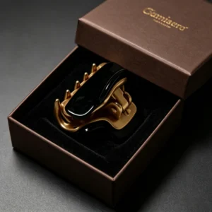 Glossy Black Acetate & Matte Gold Alloy Rectangular Hair Claw