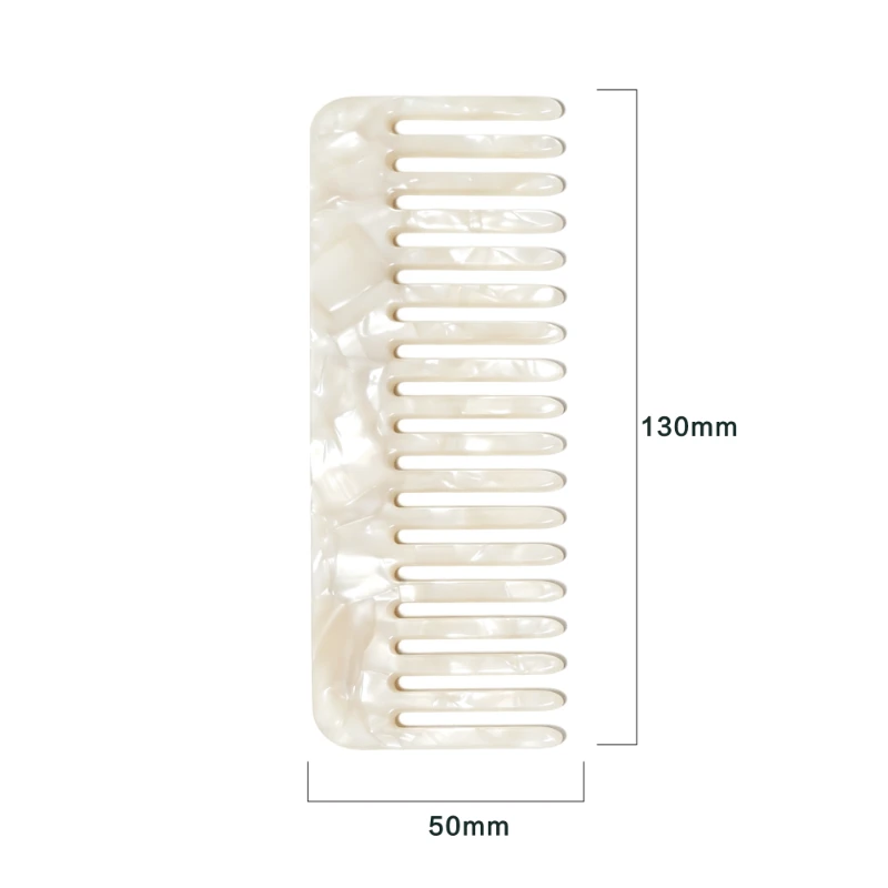 Pearlescent White Marbled Acetate Rectangular Wide-Tooth Comb, 130x50mm - Image 2