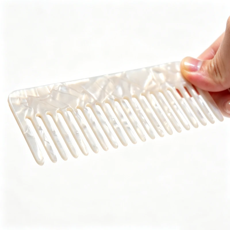 Pearlescent White Marbled Acetate Rectangular Wide-Tooth Comb, 130x50mm - Image 4