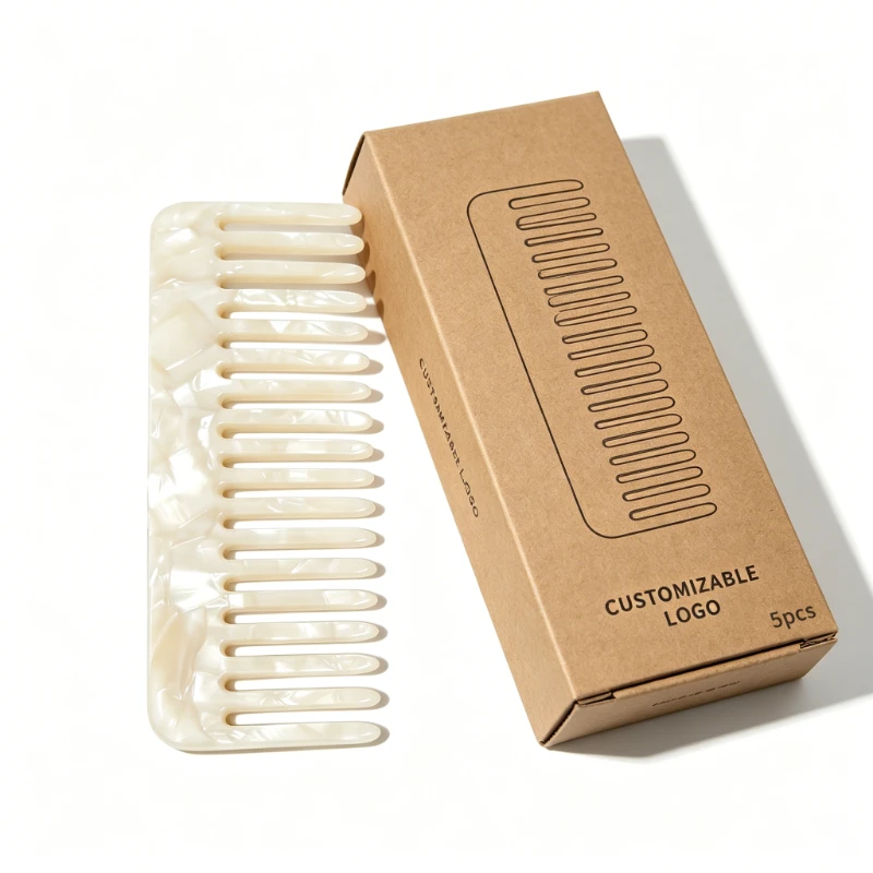 Pearlescent White Marbled Acetate Rectangular Wide-Tooth Comb, 130x50mm - Image 3