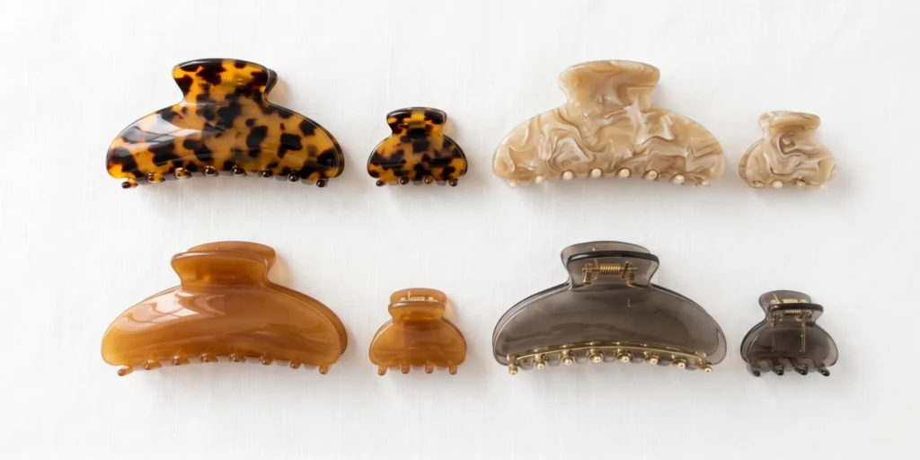 Selection of acetate claw clips in tortoiseshell marbled and translucent colourways representing 2026 fashion direction