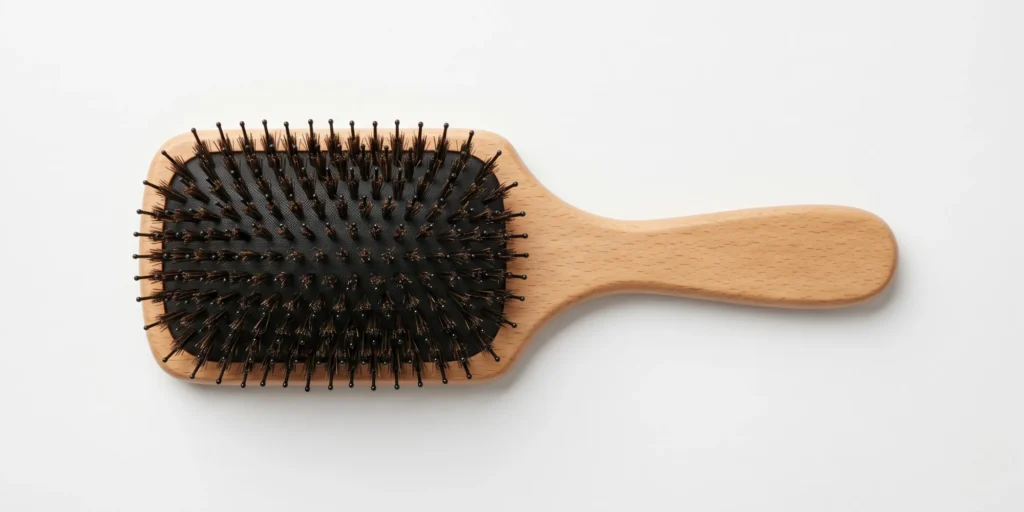 Soft boar bristle paddle brush shown as recommended tool for daily hair maintenance brushing in 10 to 25 stroke sessions