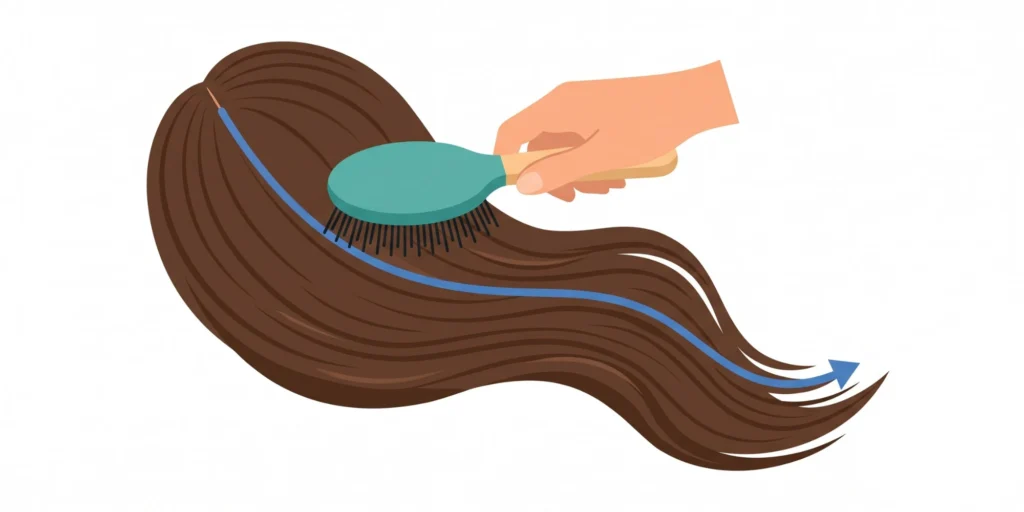 Illustration showing correct hair brushing technique with long smooth root-to-tip strokes for minimal cuticle damage