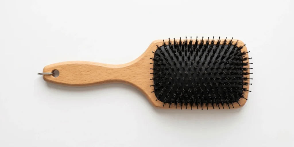 Boar bristle paddle brush on a clean white surface representing evidence-based daily hair brushing guide