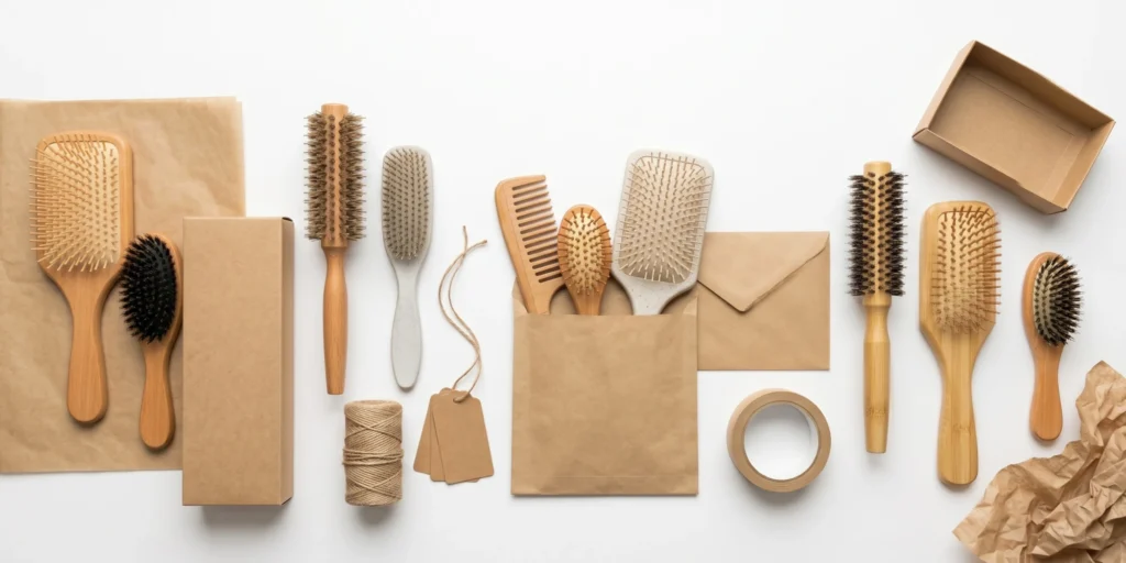 Sustainable hair brush with FSC certified wooden handle and GRS recycled content packaging representing eco certification options