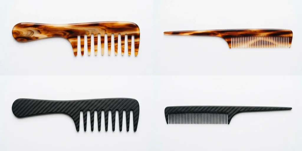 Wide tooth and fine tooth combs in different materials including cellulose acetate and carbon fibre for quality comparison