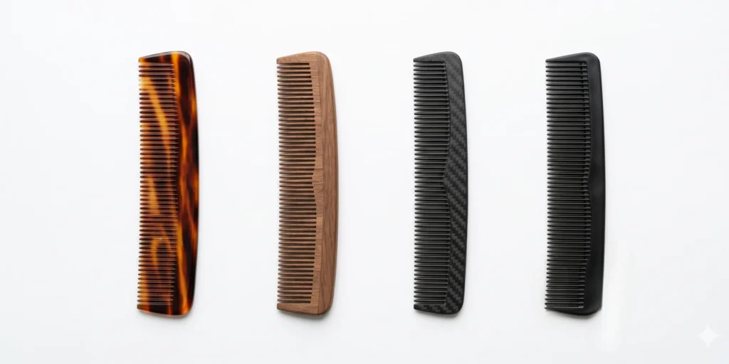 Four hair combs in different materials including cellulose acetate wooden carbon fibre and plastic showing material quality comparison