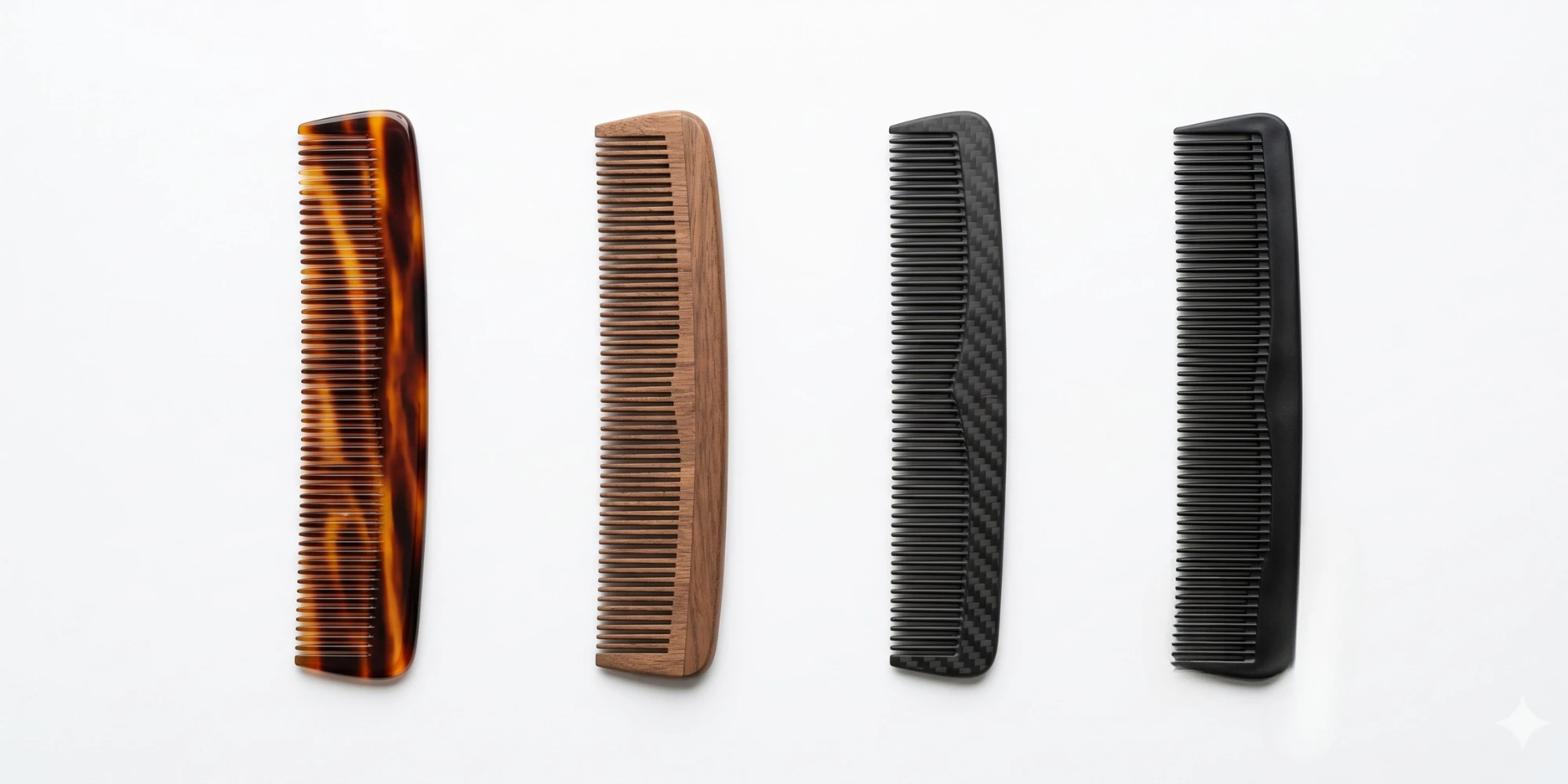 Wide-tooth combs in wood, tortoise acetate and black finishes