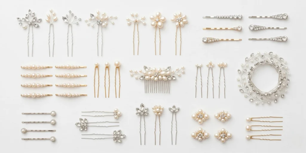 How many hair pins for wedding updo shown with bridal pins and styling accessories